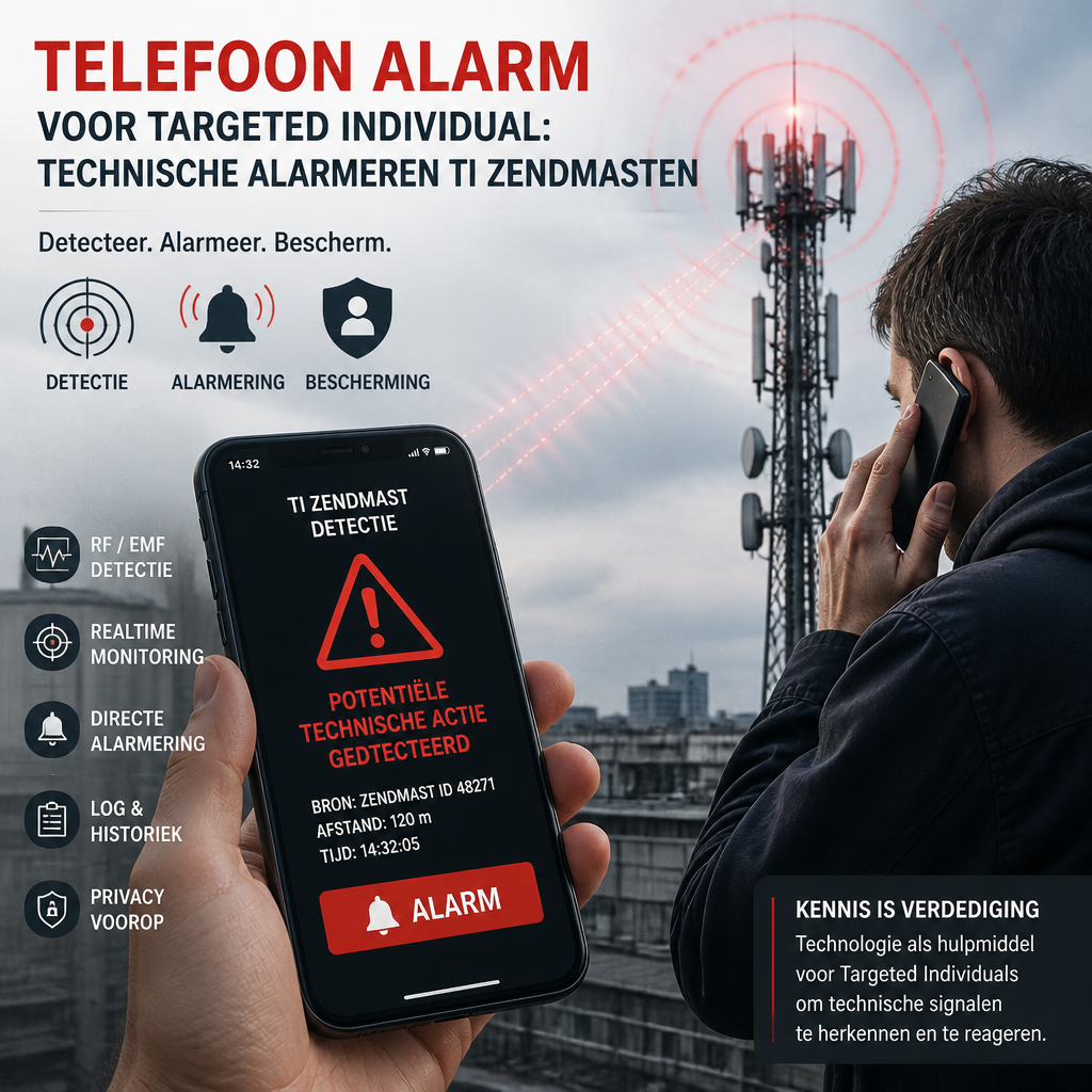 Smartphone toont alarmmelding voor technische waarschuwing nabij zendmasten, gericht op Targeted Individual.
