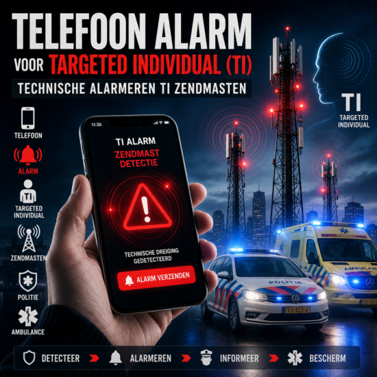 Telefoon met alarmmelding, zendmasten op achtergrond, symbool voor politie en ambulance, technische alarmering TI beschermd.